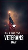 Emotional tribute to veterans displayed with an illuminated flag and heartfelt message during dusk photo
