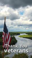 Salute to veterans with a beautiful riverside view showcasing a waving flag under dramatic clouds photo