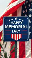 Celebrating Memorial Day with a festive sign against a backdrop of the American flag photo