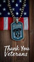 Commemorative dog tag honoring veterans set against a background of an American flag photo