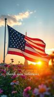 American flag waves at sunset with vibrant flowers honoring veterans in a serene landscape photo