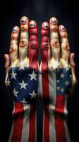 Creative expression of patriotism with hands painted in American flag colors and designs showcased in a dark background photo