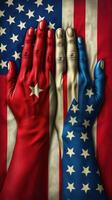 Multicultural unity represented through hands painted in contrasting colors against a backdrop of flags photo