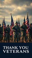 Veterans stand in formation holding flags under a dramatic sky during a tribute event honoring their service and sacrifice photo