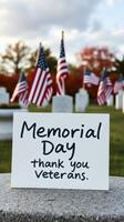 Memorial Day tribute featuring flags and a heartfelt message of gratitude for veterans at a cemetery photo