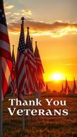 Honoring veterans at sunset with American flags and a vibrant sky photo