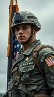 Soldier stands proudly with flags at a military ceremony during overcast day photo