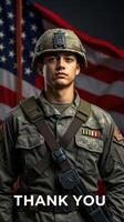 Soldier stands proudly in uniform before American flag, conveying gratitude and honor for service photo