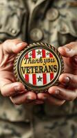 Veteran commemorative coin held by a service member in military uniform expressing gratitude photo