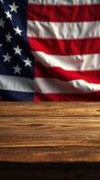 Flag of the United States displayed on a rustic wooden table background during a festive celebration photo