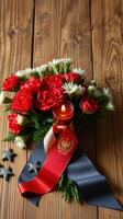 Floral arrangement with red roses and a candle on a wooden table for a festive celebration or memorial event photo