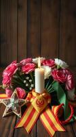 Floral arrangement with candle and star decoration commemorating a special occasion in a warm interior setting photo