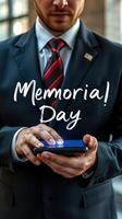 Observing Memorial Day with a smartphone in hand while dressed in formal attire in an urban setting photo