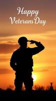 Saluting for Veterans Day at sunset with a silhouetted soldier in a peaceful setting photo