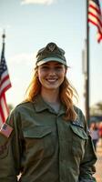 Military servicemember stands proudly in uniform with flags in background during sunset in a patriotic setting photo