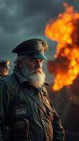 Military leader stands prominently against a fiery backdrop in a dramatic wartime atmosphere during an intense conflict scenario photo