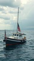 Boat with American flags navigating calm waters under cloudy skies near shoreline photo