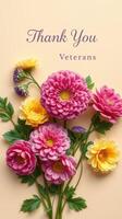Beautiful floral arrangement expressing gratitude to veterans with vibrant colors and delicate petals photo