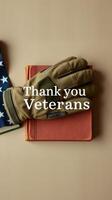 Veterans appreciation display featuring gloves, a book, and an American flag on a neutral background photo