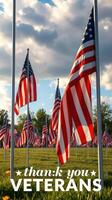 Flags wave in remembrance at a veterans memorial site during a beautiful sunset honoring those who served photo