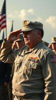 Soldiers salute during a military ceremony honoring veterans at an outdoor location under clear skies photo