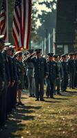 Military personnel participate in a formal event featuring a flag salute and uniformed ranks during daylight photo