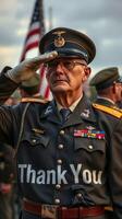 Veteran saluting during a military ceremony honoring service members at sunset in a patriotic setting photo