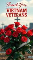 Red roses honor Vietnam veterans in a cemetery setting on a sunny day photo