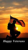 Solider kneeling with American flag at sunset, honoring veterans and their sacrifices in a peaceful moment of reflection photo