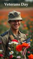 Soldier smiles among vibrant flowers while commemorating Veterans Day in a scenic meadow setting photo