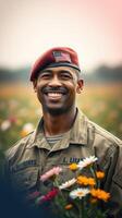 Smiling soldier in military uniform stands among colorful wildflowers during a sunny day in the countryside photo