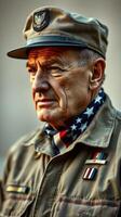 Veteran in uniform with medals expressing pride during a commemorative event in the afternoon sun photo