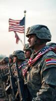 Soldiers standing in formation with flags during a patriotic ceremony at sunset photo