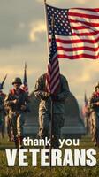 Veterans march in honor of service during a twilight event in a cemetery surrounded by flags photo