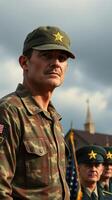 Military officer in uniform standing solemnly during a ceremony with cloudy skies overhead photo
