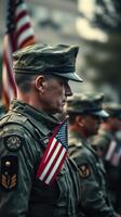 Soldiers in uniform participate in a patriotic ceremony while displaying American flags during a somber morning event photo