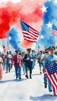 People marching in a patriotic parade celebrating national pride with flags and vibrant colors on a sunny day photo