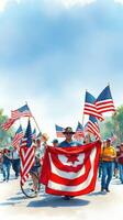Crowd of people marching with American flags and a large regional flag during a celebration in the city photo