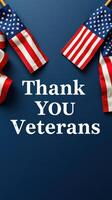 Expressions of gratitude for veterans displayed with American flags on a blue background, honoring their service and sacrifice photo