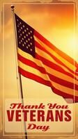 Waving flag honoring veterans with heartfelt message on a clear sunset evening photo