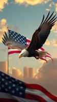 Majestic bald eagle soaring over American flags against a stunning sunset backdrop in an urban setting photo