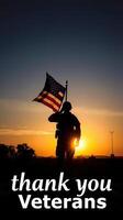 Saluting Veterans with American Flag at Sunset in the Horizon photo