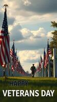 Veterans Day observance featuring flags and a soldier walking through a memorial site photo