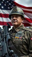 Soldier stands in front of American flag during military ceremony with a serious expression and weapon in hand photo