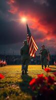 Soldiers honor the flag during a commemorative ceremony at sunset in a vibrant, crowded field photo