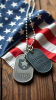 Military dog tags resting on an American flag symbolizing gratitude for veterans photo