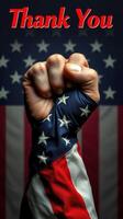 Powerful hand raised in salute with American flag design, expressing gratitude and pride for national values and freedom photo