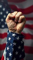 Fist raised in solidarity against background of American flag representing strength and unity photo