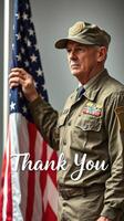 Veteran standing proudly next to an American flag in a solemn tribute expressing gratitude for service photo