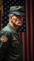 Man in military uniform poses in front of American flag with a serious expression at a historic military event photo